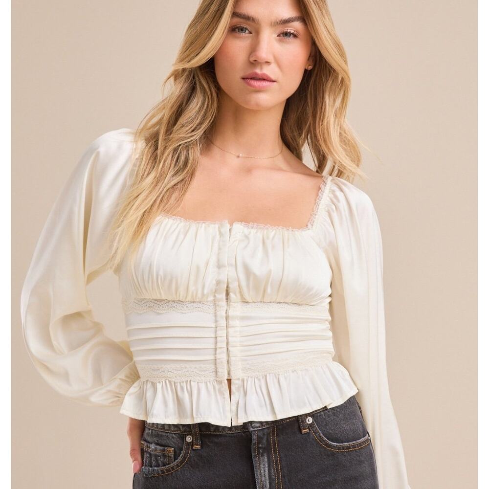 Altar’d State Corset Peplum Top Size Large Cream Boho Cottagecore Long Sleeve